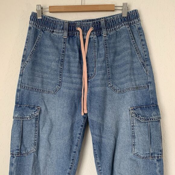 American Eagle Jeans Cargo Joggers Women M Blue Denim Drawstring Utility Tapered - Picture 4 of 10